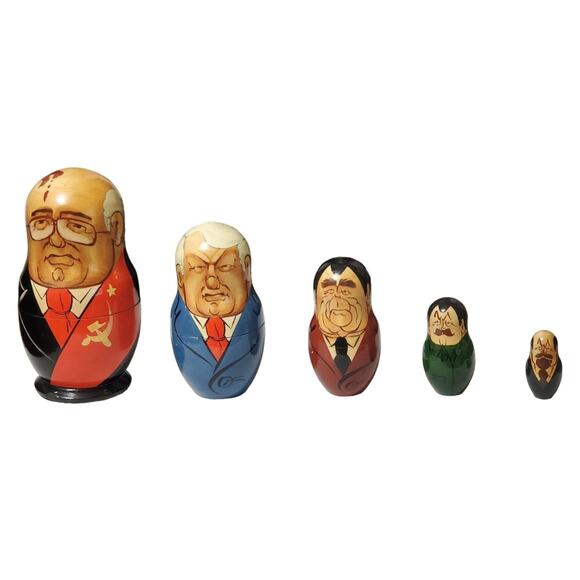 VTG 1990s Hand Painted & Carved Nesting Matryoshka Soviet Politicians USSR Rare